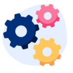 An illustration of blue, yellow, and pink gears to symbolize STEM and technology.