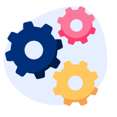 An illustration of blue, yellow, and pink gears.