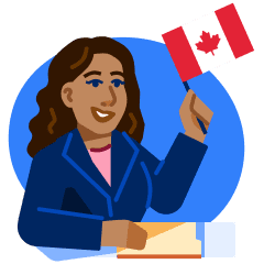 An illustration of a woman holding a Canadian flag with her hand on a book, showing she's just become a permanent Canadian citizen.