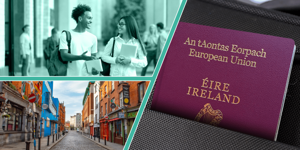 An illustration of two friends walking and talking at an academic institution; an illustration below of a street with shops in Ireland; another illustration to the right of an Irish passport.