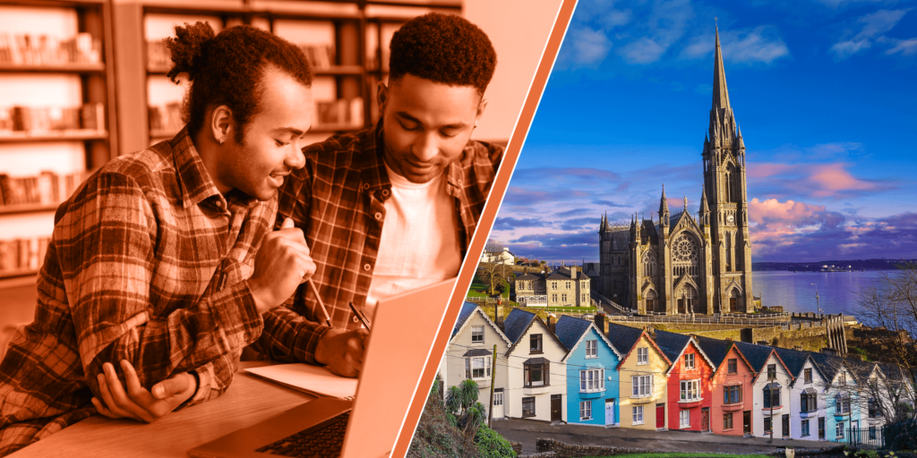 A composite photograph: one side shows two students studying, while the other shows a row of colourful two-storey houses and a large church in Ireland