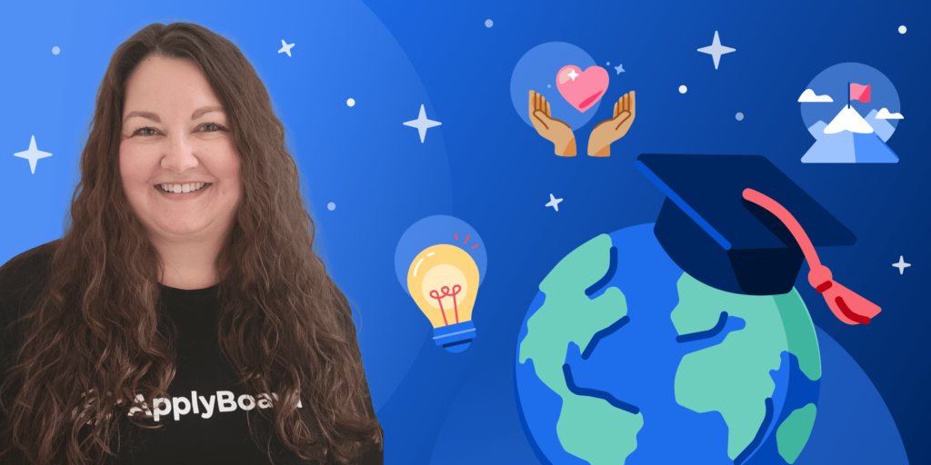 A photograph of a smiling brunette woman with an illustrated background, with pictures of the world with a graduation cap, lightbulb, and hands with a cartoon heart.