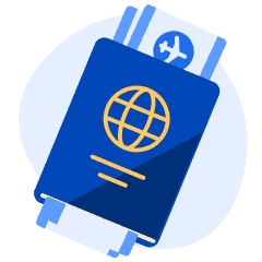 Illustration of air travel tickets tucked into a blue passport booklet.