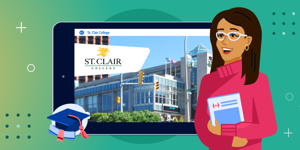 An illustration of a smiling student preparing to study in Canada, with a photo of St. Clair College for the Arts featured on a tablet.