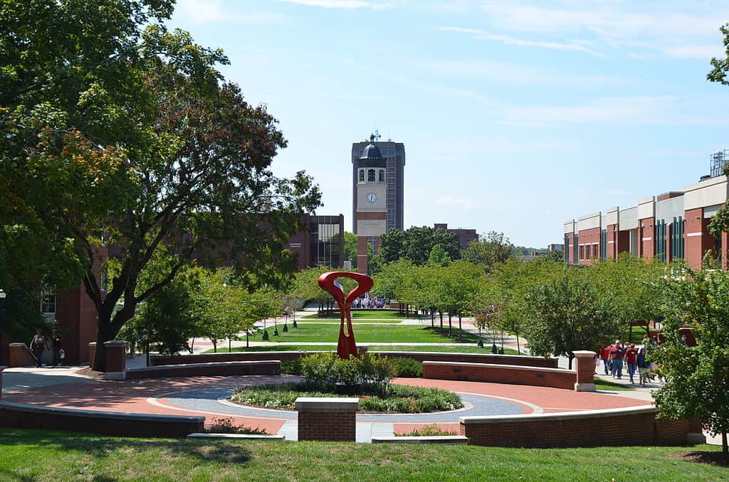 A green campus square, with trees along the left side and a clocktower in the distance. Students walk along a shaded path on the right side of the photo (WKU Campus)