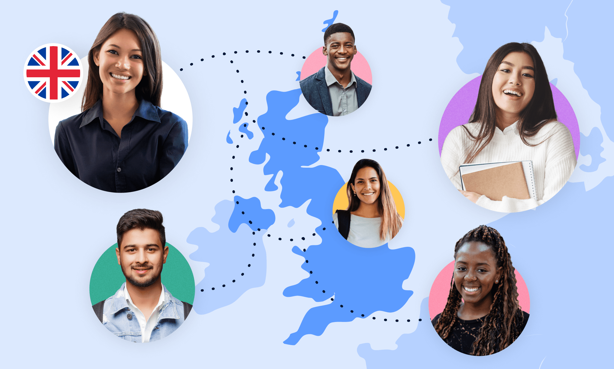 A map of the United Kingdom with six students on it.