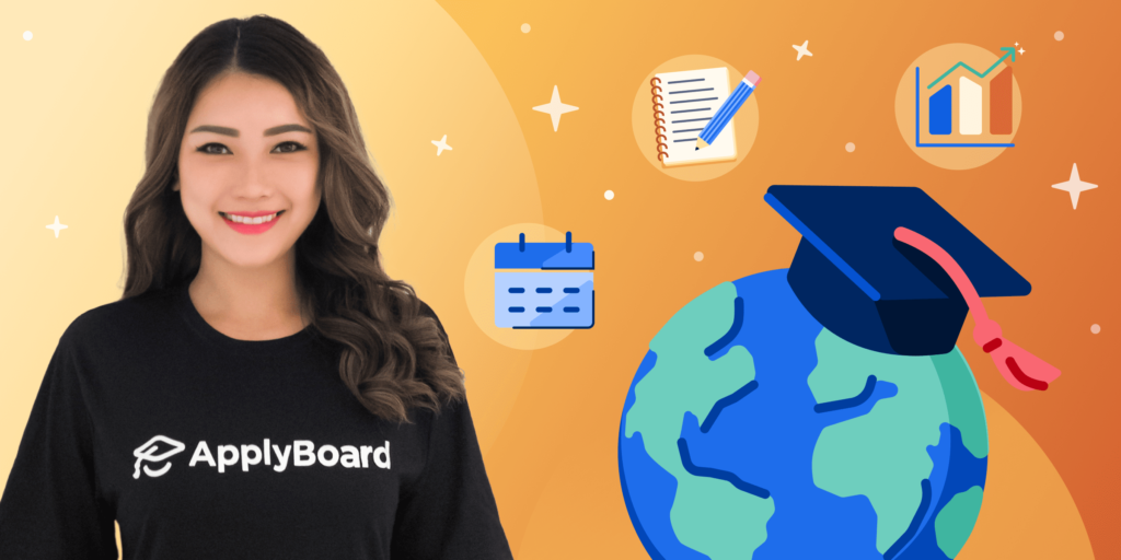A photograph of Nita against a gold background with illustrative elements including a world with a grad cap on top. (Life at ApplyBoard)