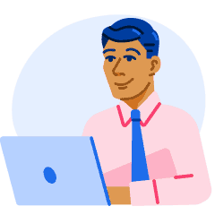 An illustration of an ApplyBoard recruitment partner in a pink shirt and tie, working on his laptop to help students apply to study abroad.