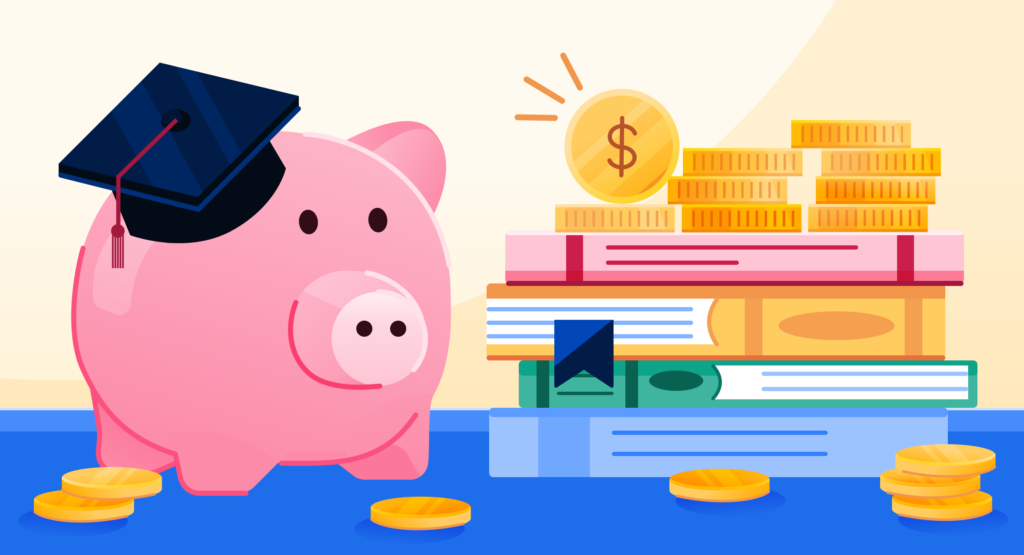 A piggy bank wearing a graduation cap, surrounded by a stack of books and scattered gold coins.