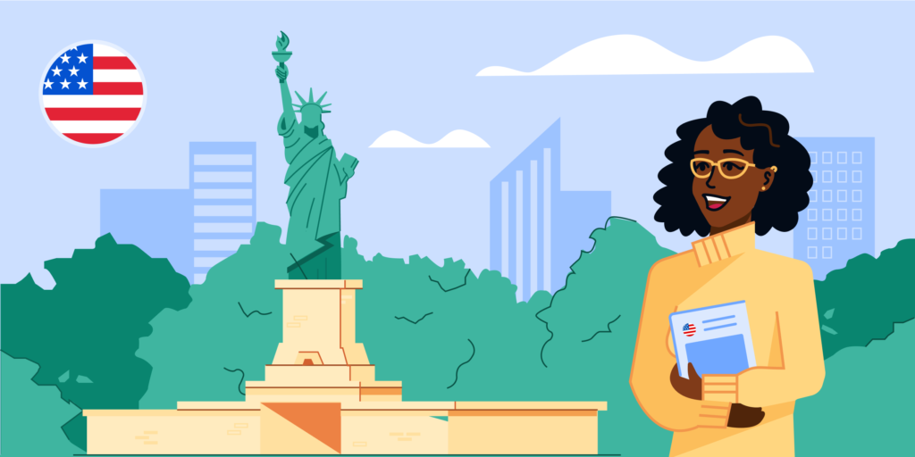 An illustration of an international student holding her books in the United States, with the Statue of Liberty behind her, and an image of the American flag.