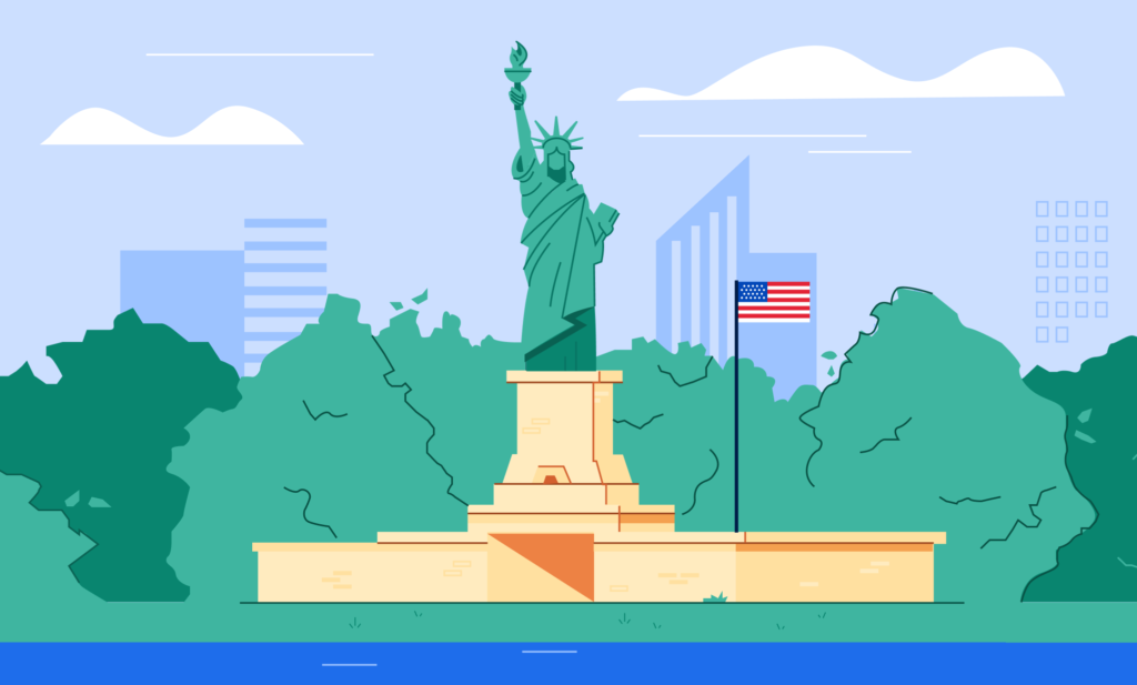 Illustration of New York's Statue of Liberty with an American flag and buildings in the background.
