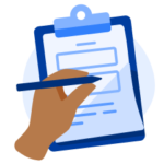 A hand with a pen hovers over a blue clipboard with white paper clipped to it, symbolizing IELTS preparation material.