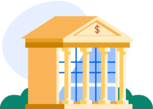 An illustration of a yellow-brick bank building