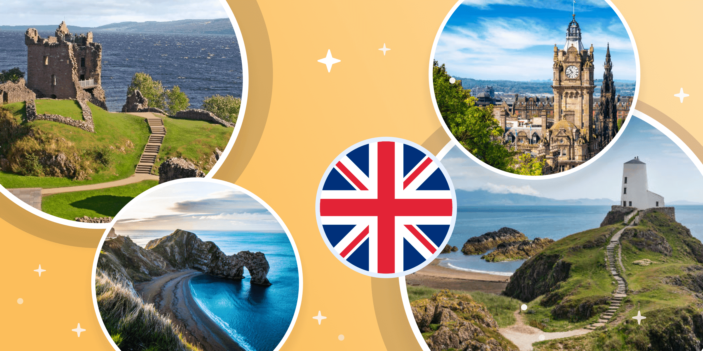 Photos of picturesque landscapes in the United Kingdom and an illustration of the union jack.