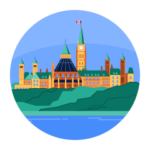 Illustration of the parliament buildings in Ottawa, Canada, representing international students' working hours.