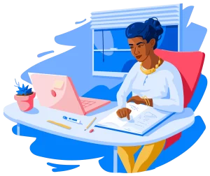 An illustration of an international student sitting at a desk with a laptop, studying.