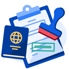 An illustration of a stamp, passport, and visa-related documents, symbolizing how to apply for study permit in Canada. 