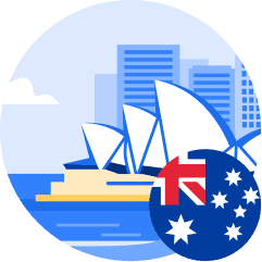 An illustration of the Sydney opera house behind an icon of the Australian flag.