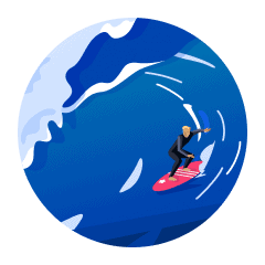 An illustration of an international student graduate surfing in Australia while on their post-study work visa.
