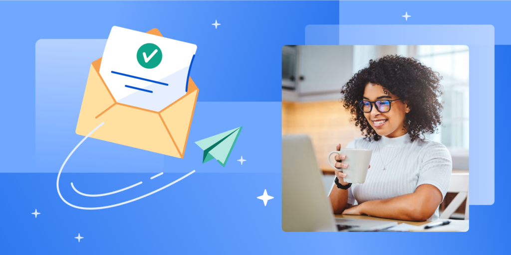A photograph of a smiling woman with glasses and curly hair, holding a coffee mug and looking at a laptop. She is framed by a blue illustrated background with stars, a flying paper airplane, and an envelope with an emerging piece of paper that has a green checkmark on it.