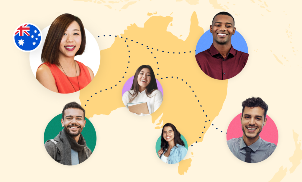 An illustrated map of Australia featuring photos of international students living and working there.
