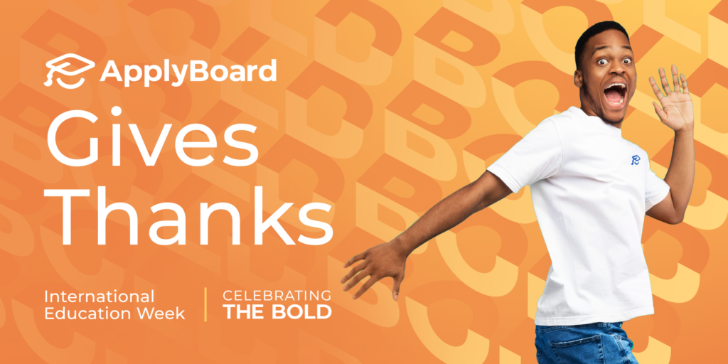 An excited student in a jumping posture, beside the text "ApplyBoard Gives Thanks"