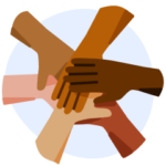 An illustration of six hands together in unity, representing how showing your transferrable skills is a top job interview tip.