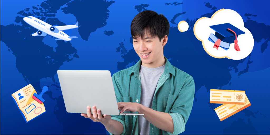 An illustration of a man holding a laptop with travel documents, a plane, and, and a graduation cap behind him.