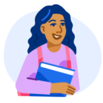 An illustration of a smiling international student wearing a backpack and holding textbooks.