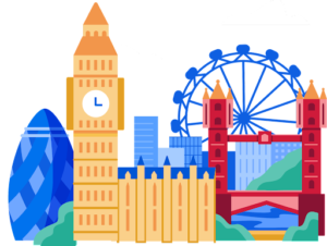 An illustration of landmarks in London, England in the United Kingdom.