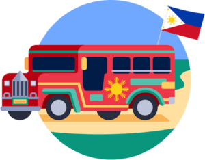 An illustration of a red bus with a flag of the Philippines.