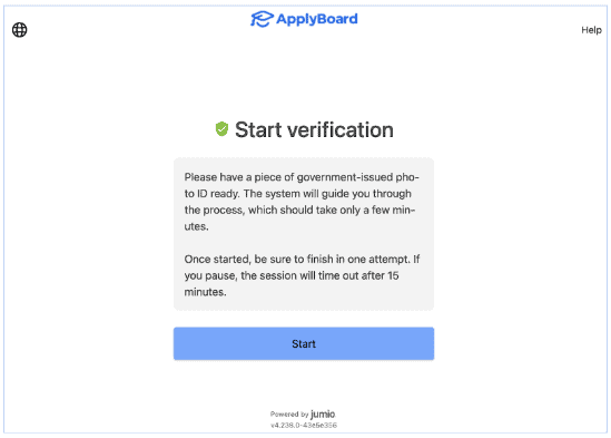 A screenshot of ApplyBoard's identity verification process, powered by Jumio.
