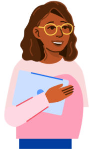 An illustration of a female student wearing a pink sweater holding a book.