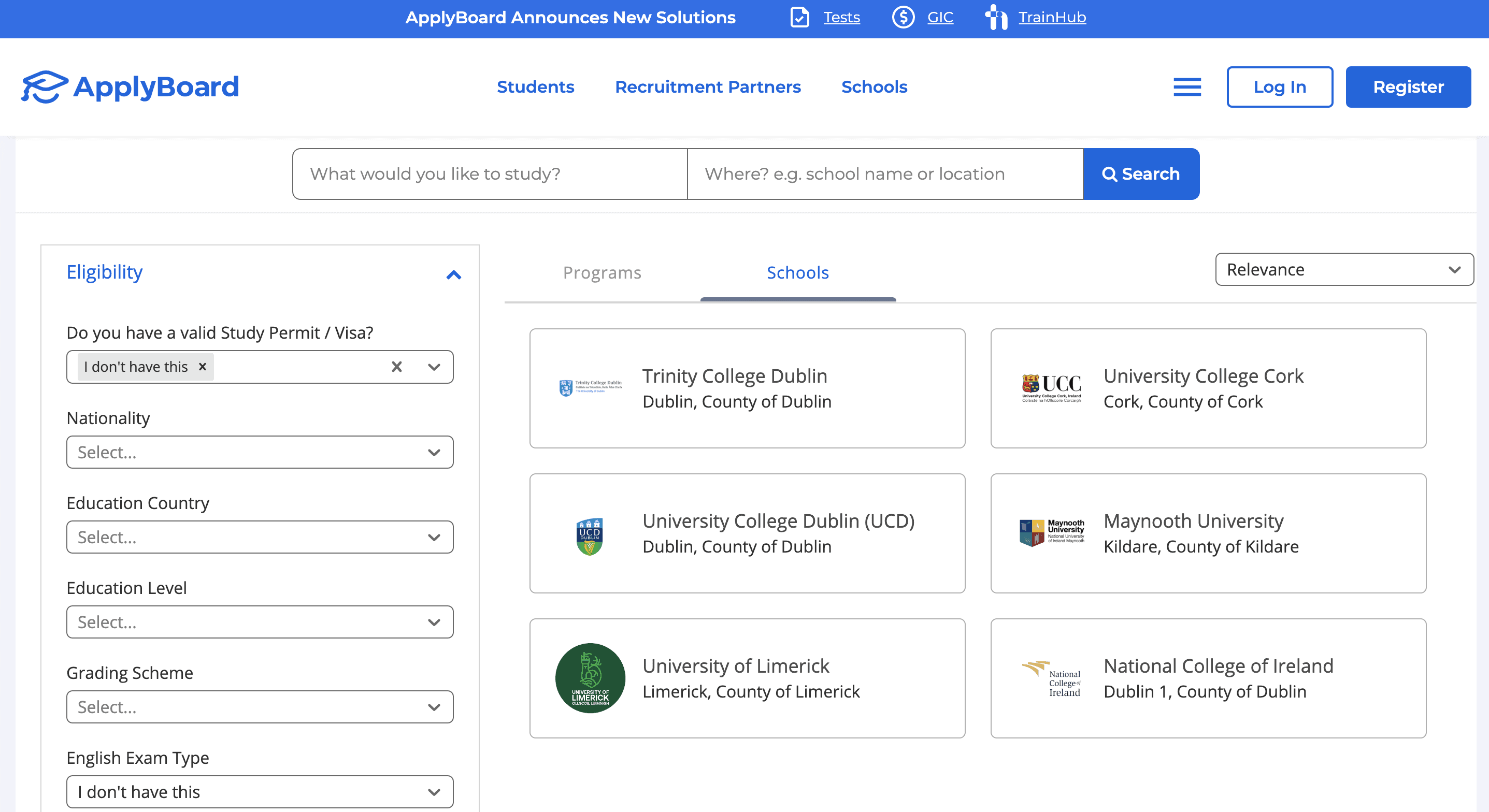 A screenshot of ApplyBoard's six partner institutions.