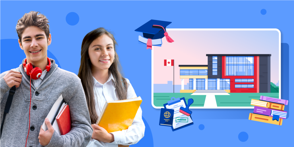 Two secondary school students carrying books are offset by a blue illustrated background, with a large illustration of a modern high school, and smaller illustrations of a graduation cap, books, and a passport with an application form and stamp.