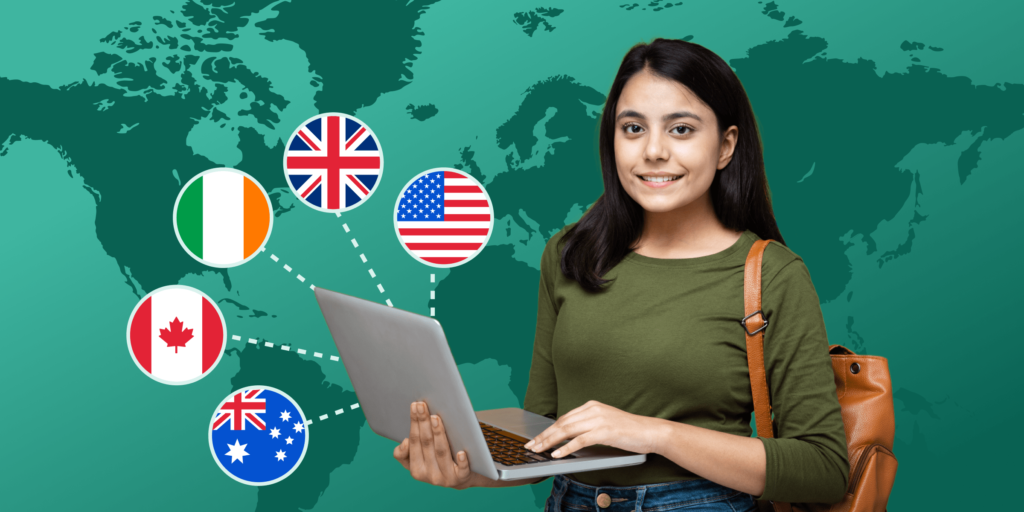 A female student holding a laptop with five different country's flags around her.