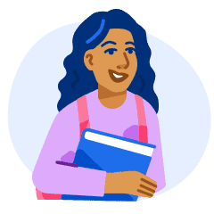 An illustration of a female international student smiling and holding an IELTS exam practice textbook.