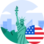 An illustration of the Statue of Liberty with an American flag on the bottom right corner.