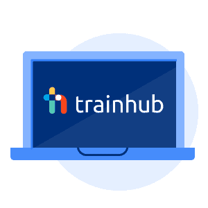 A spot illustration of a blue computer monitor showing the TrainHub logo.