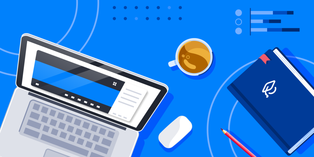 An illustration of an open laptop, a cup of coffee, a mouse, and a notebook on a blue background.