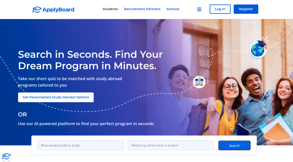 A screenshot of the ApplyBoard student landing page: text reads 