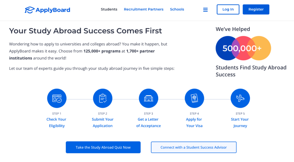 A screenshot of the ApplyBoard student landing page, with a button reading 