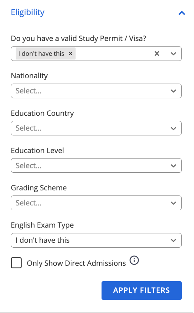 A photo of ApplyBoard's eligibility questions from the online quick search tool.