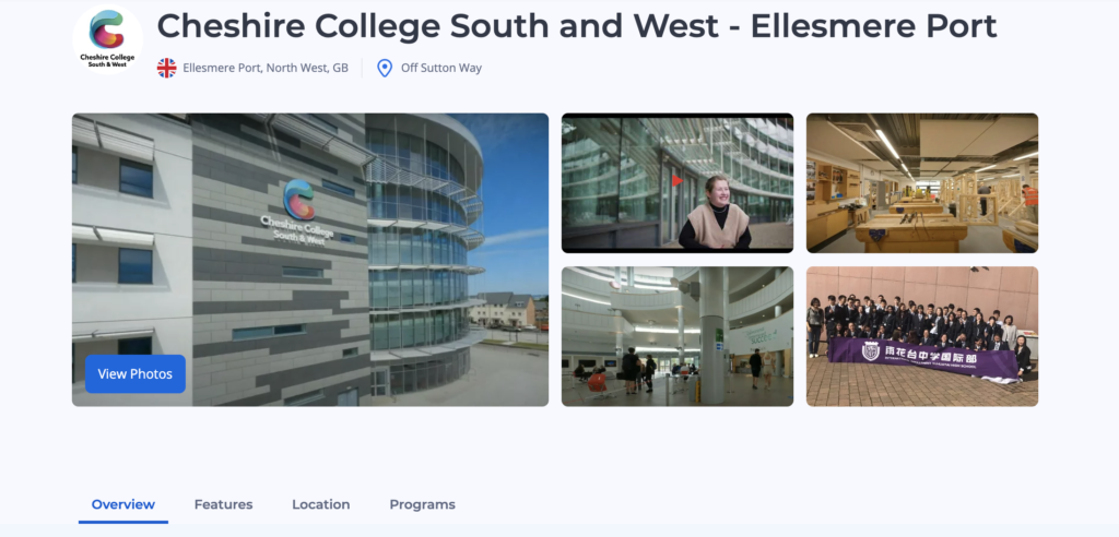 A photo of the Cheshire College school page on the ApplyBoard website.