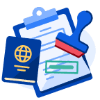 A passport with a golden illustration of a globe on it, a stamp, and a blue clipboard with paper clipped into it