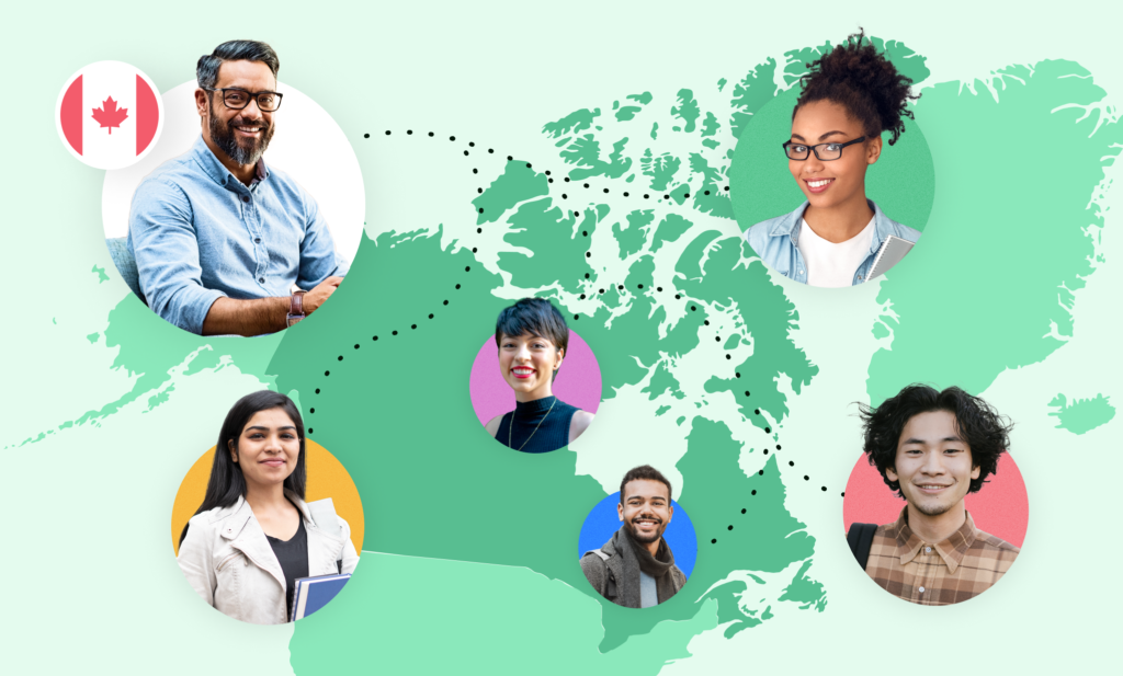 A green illustrated map of Canada, with photos of international students floating above it.