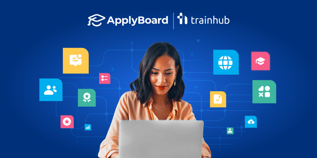 A photo of a woman on her laptop, engaged in the training she sees there, surrounded by colourful squares and icons representing all she has to gain by the integration between TrainHub and the ApplyBoard Platform.