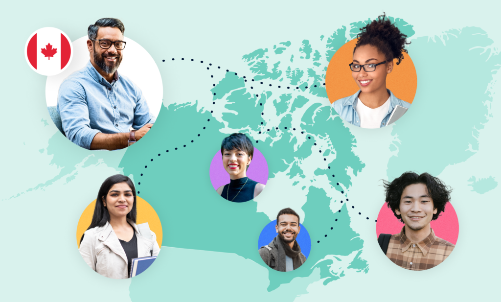 An illustration of the map of Canada with five international students in Canadian programs surrounding it.
