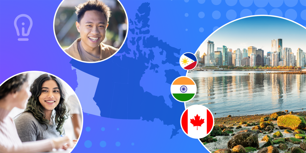 A map of Canada in blue with British Colombia highlighted, and overlaid with photos of BC, international students, and stylized Canadian, Indian, and Filipino flags.