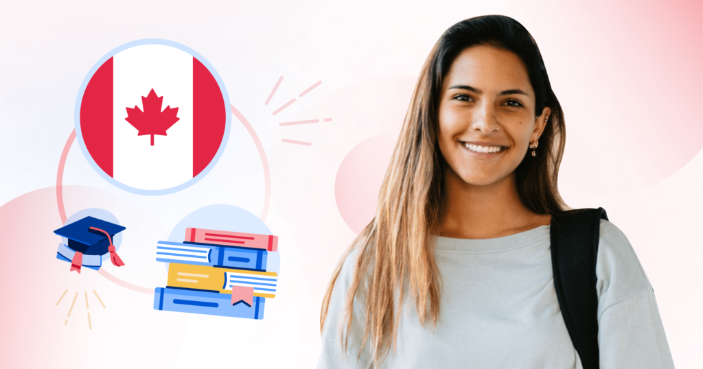 A smiling student, framed by a pink illustrated background and spot illustrations of books, a grad cap, and a Canadian flag.